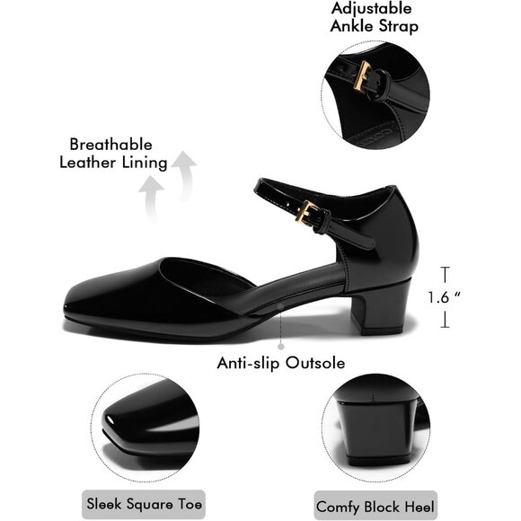 Womens Chunky Low Heels Ankle Strap Square Toe Dress Pumps Work Party Shoes - Picture 5 of 5